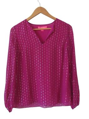 Lilly Pulitzer Aaron Silk Top XXS Hot Pink Metallic Thread Preppy Nautical